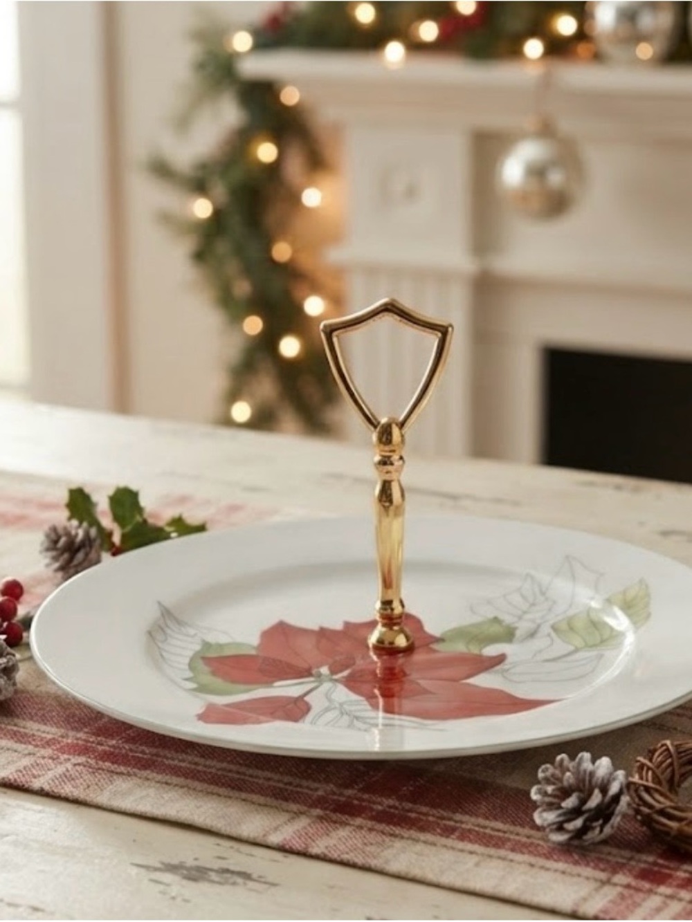 Block Spal Serving Plate with Red Poinsettia and Gold Handle